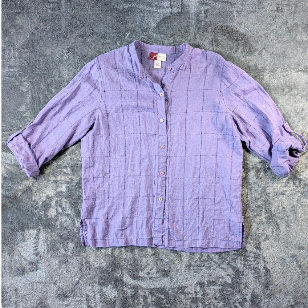JM Collection Women 100% Linen Windowpane Button Down Shirt 14 Purple Roll Tab